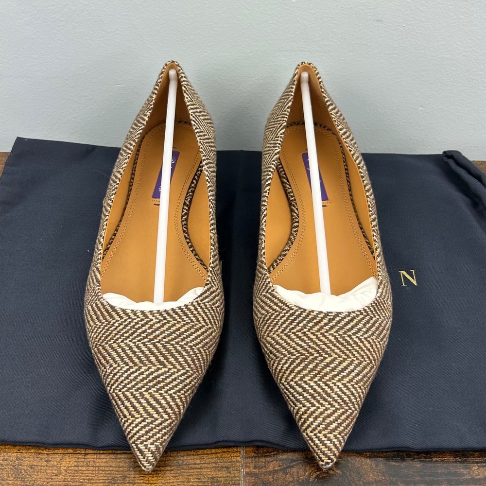 Ralph Lauren Purple Label Herringbone Pointed Toe Flats Brown Wool Shoes W39 NIB - Picture 1 of 10